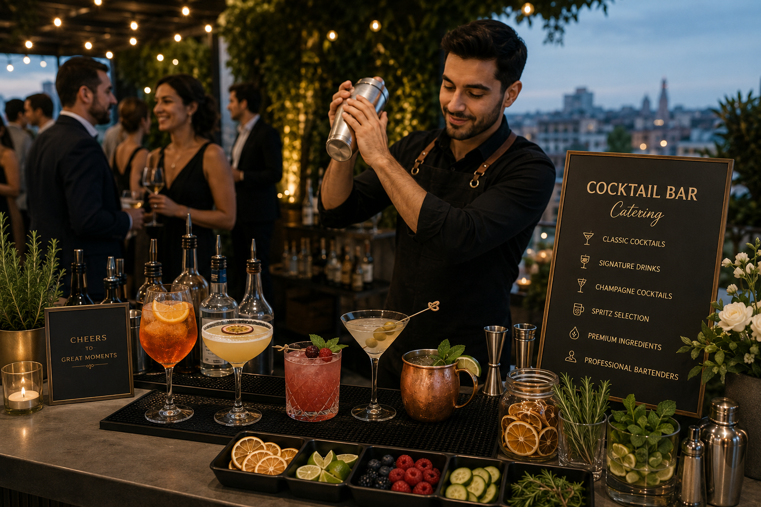 Cocktail bar catering with a bartender preparing signature drinks at an evening event in Barcelona.