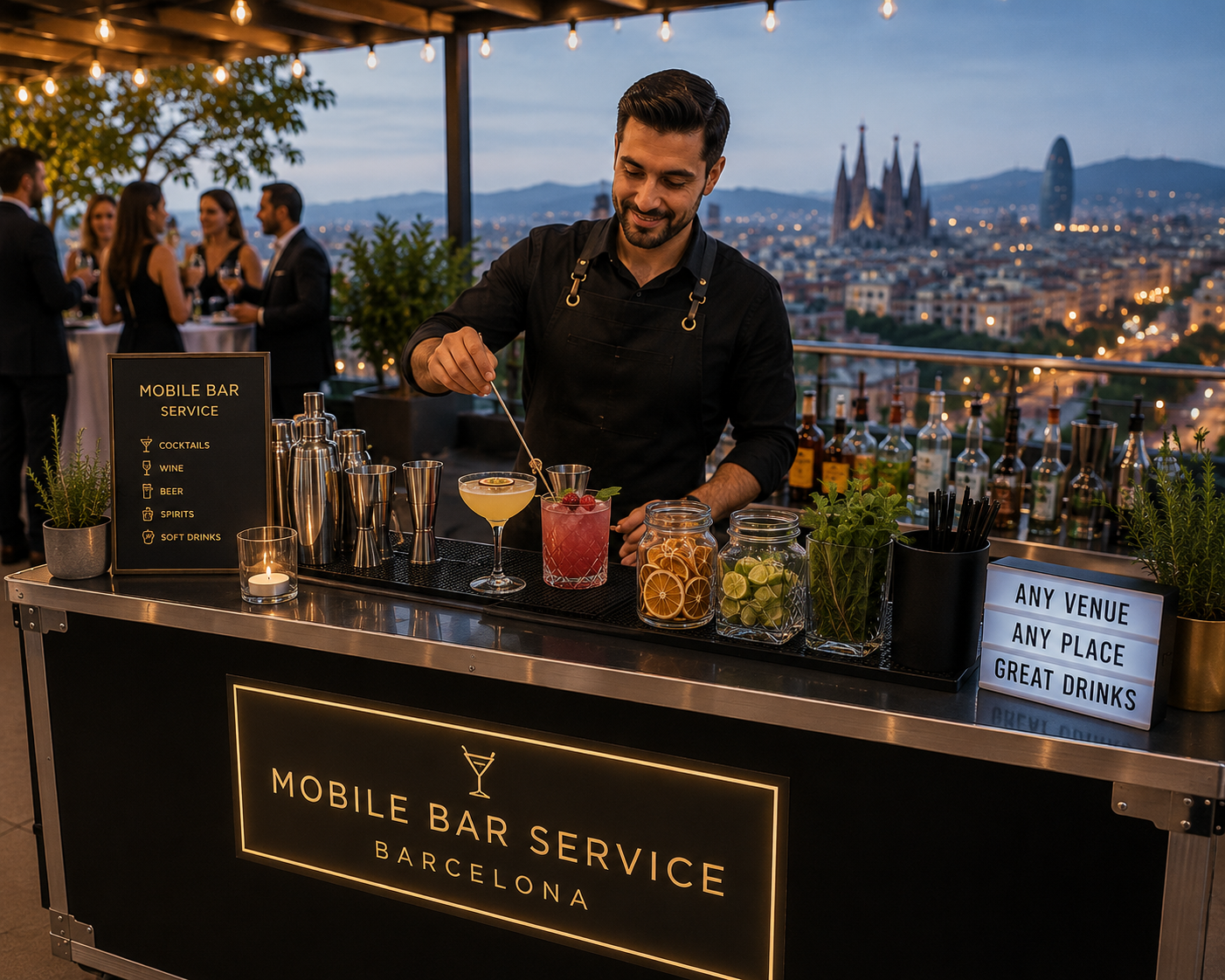 Mobile bar service with a bartender preparing cocktails at a portable event bar on a rooftop in Barcelona.