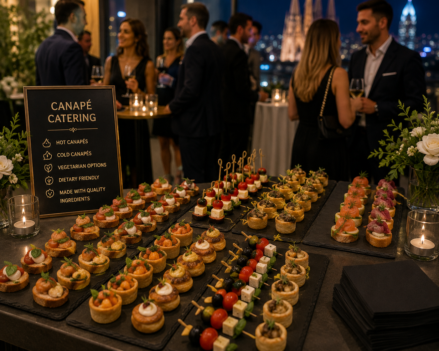 Canapé catering with elegant bite-sized savoury food served at a cocktail-style event in Barcelona.