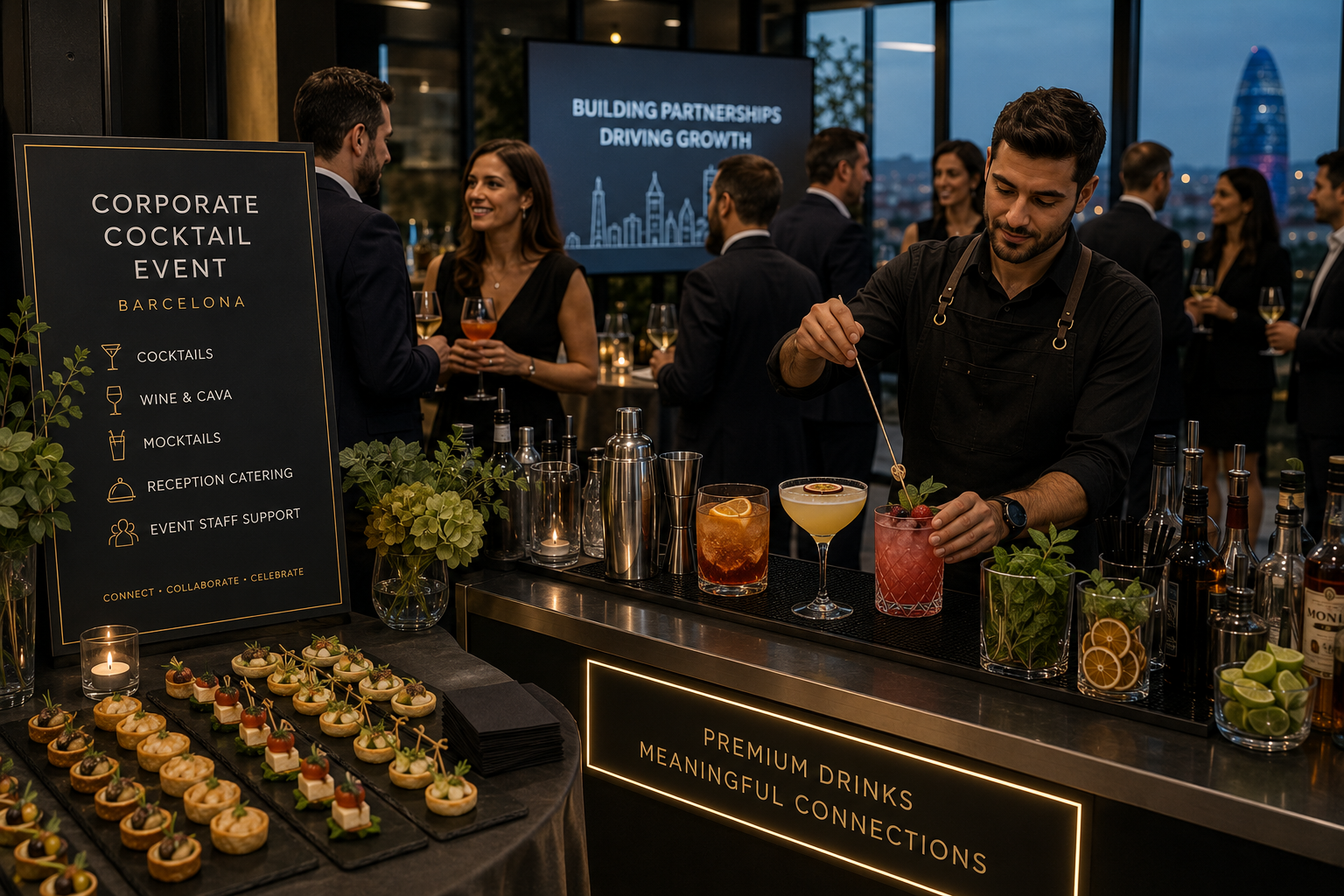 Corporate cocktail event with bartender service, cocktails and canapé-style catering for a business reception in Barcelona.