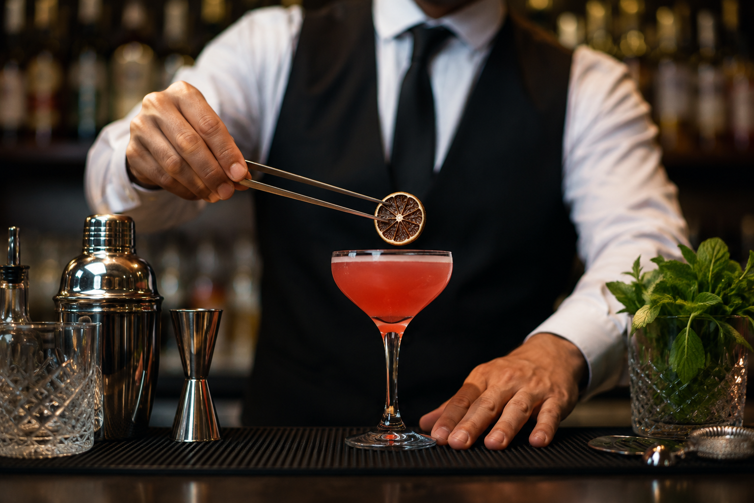 Bartender garnishing a pink cocktail at a bar with professional tools, fresh mint and a softly lit background.