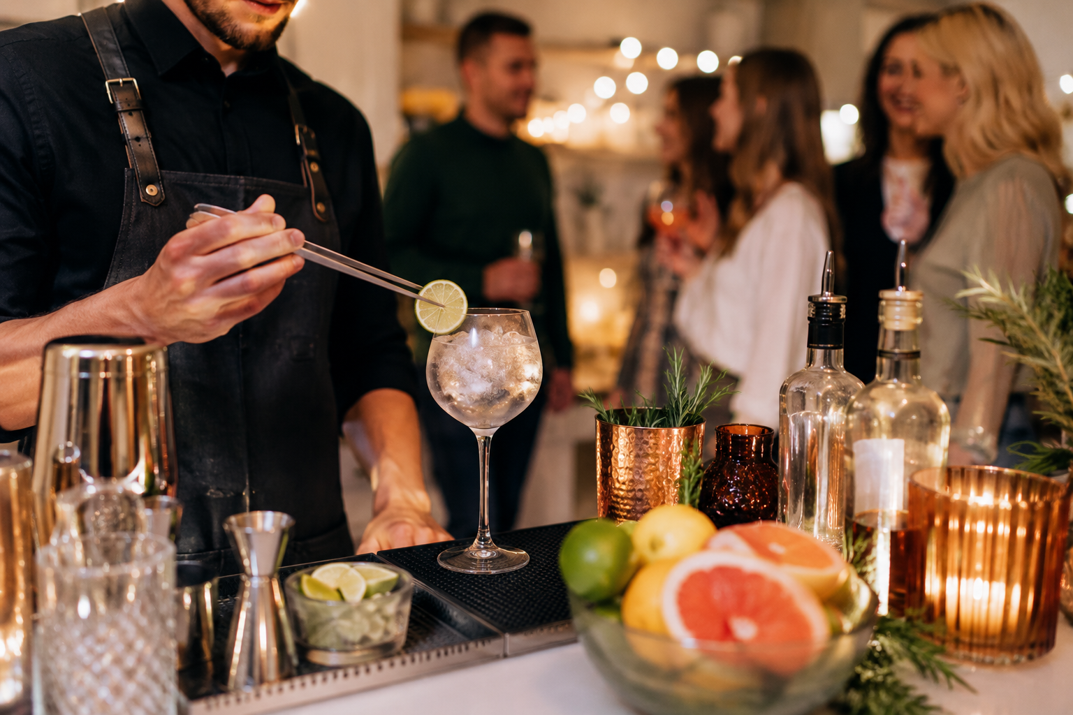 Private party bartender preparing a garnished cocktail at a home bar while guests socialise in the background.