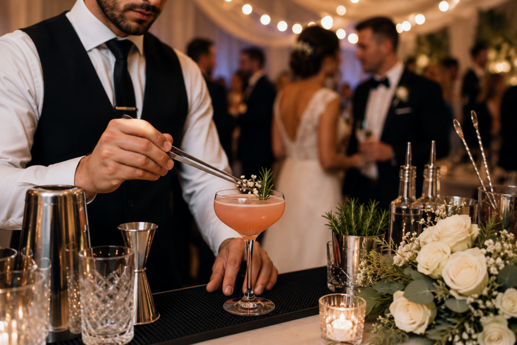 Wedding bartender preparing a cocktail at a reception bar with floral décor and guests celebrating in the background.