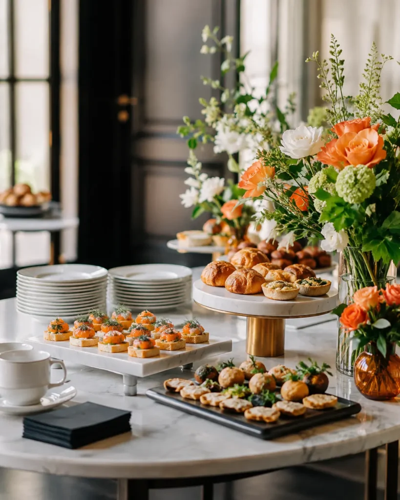 Small event catering setup in Covent Garden with fresh canapés, pastries and elegant floral arrangements.