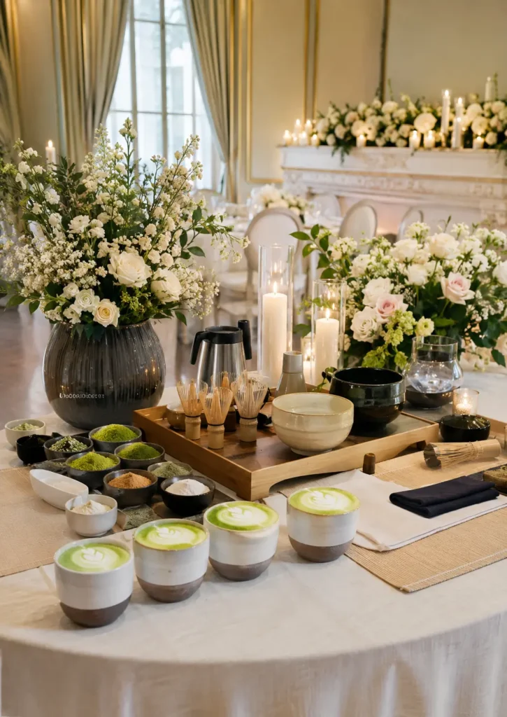 legant wedding matcha station with ceremonial matcha, bamboo whisks, matcha lattes, floral arrangements, and candles at a Brussels celebration venue.