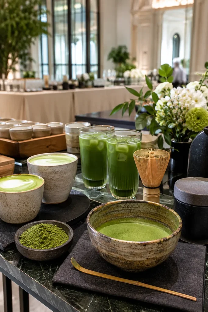 Elegant matcha catering setup in Brussels with ceremonial matcha, iced matcha drinks, matcha lattes and traditional bamboo whisk.