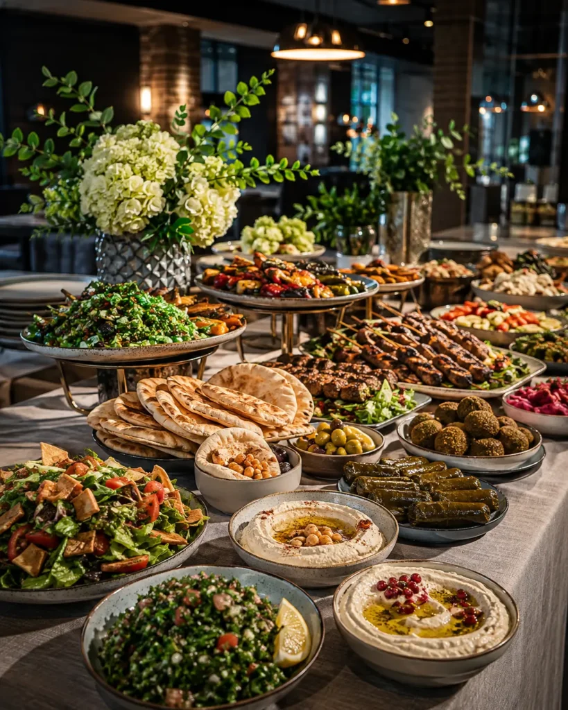 Lebanese event catering spread with mezze, grilled dishes, salads, hummus and flatbreads arranged for a private celebration