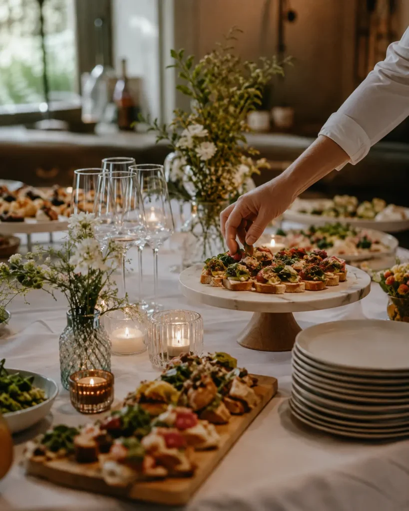 Private event catering table in Fitzrovia with canapés, glassware, flowers and a server’s hand arranging food.