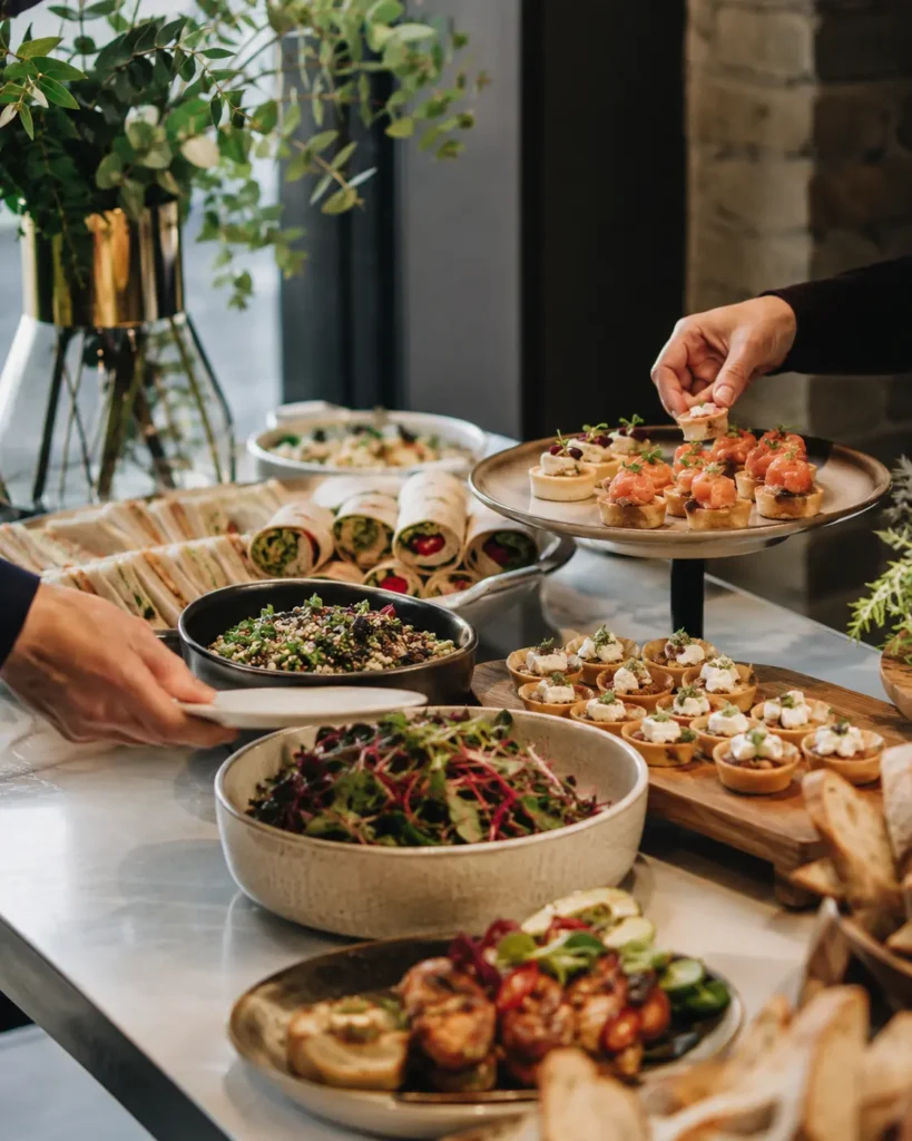 Small event catering spread in Fitzrovia with fresh canapés, wraps, salads and hands serving food.