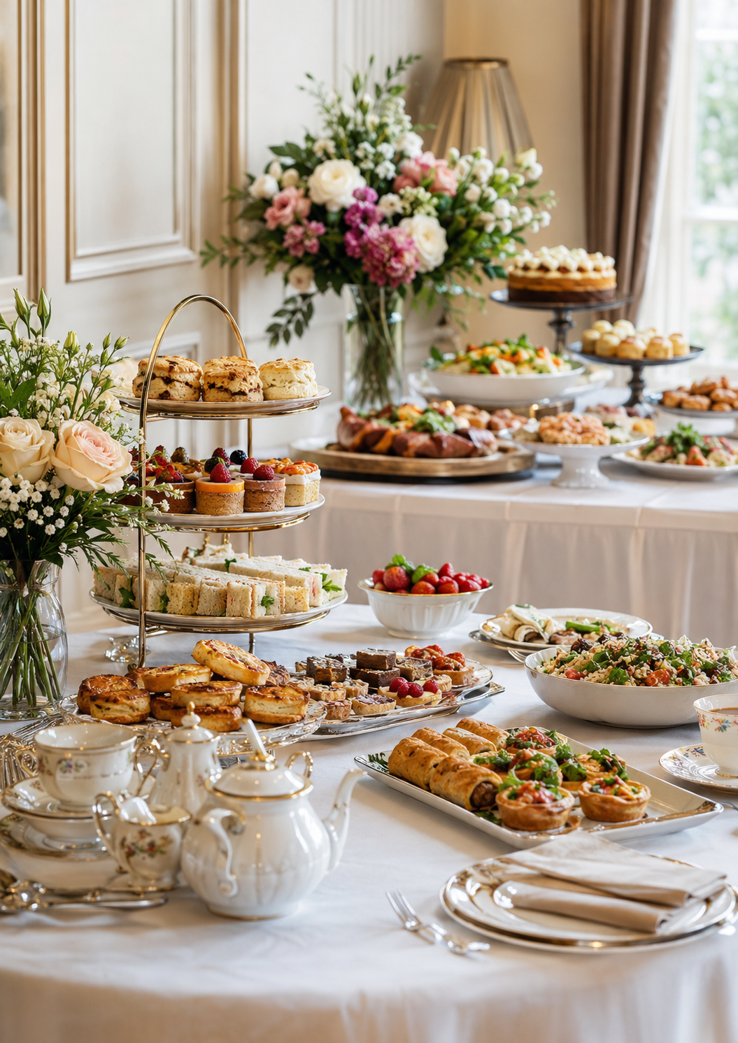 Traditional British afternoon tea setup with a tiered stand of finger sandwiches, scones with jam and cream, pastries, teacups and a teapot on an elegant table.