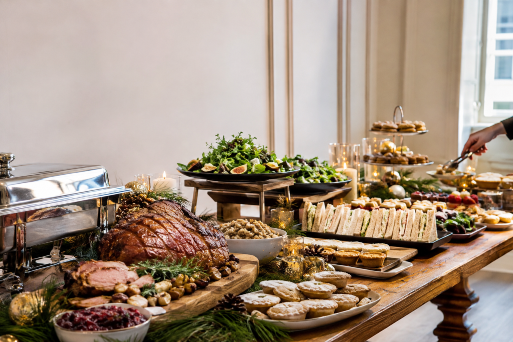 Elegant festive catering buffet in a London venue featuring roast meats, gourmet sandwiches, salads, pastries, mince pies, candles, greenery, and gold Christmas accents.
