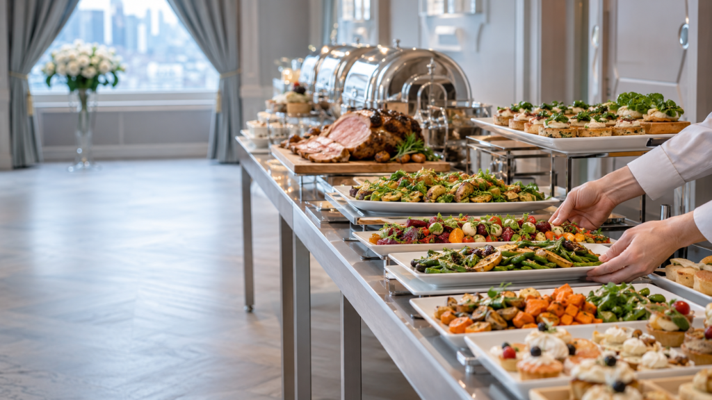 Premium British event catering buffet in an elegant London venue, featuring roast meats, seasonal vegetables, salads, canapés, desserts and catering staff arranging platters.
