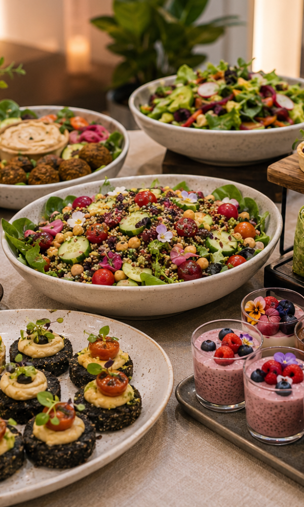 Vegan and vegetarian catering spread with plant-based canapés, fresh salads, wraps, roasted vegetables and dairy-free desserts.