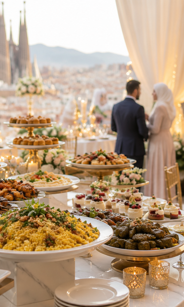 Halal wedding catering buffet with grilled meats, rice dishes, canapés and desserts at an elegant Barcelona rooftop reception.