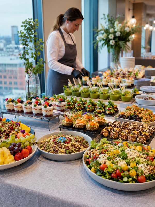 Diet-specific catering buffet with vegan gluten-free and allergen-aware dishes at a London venue