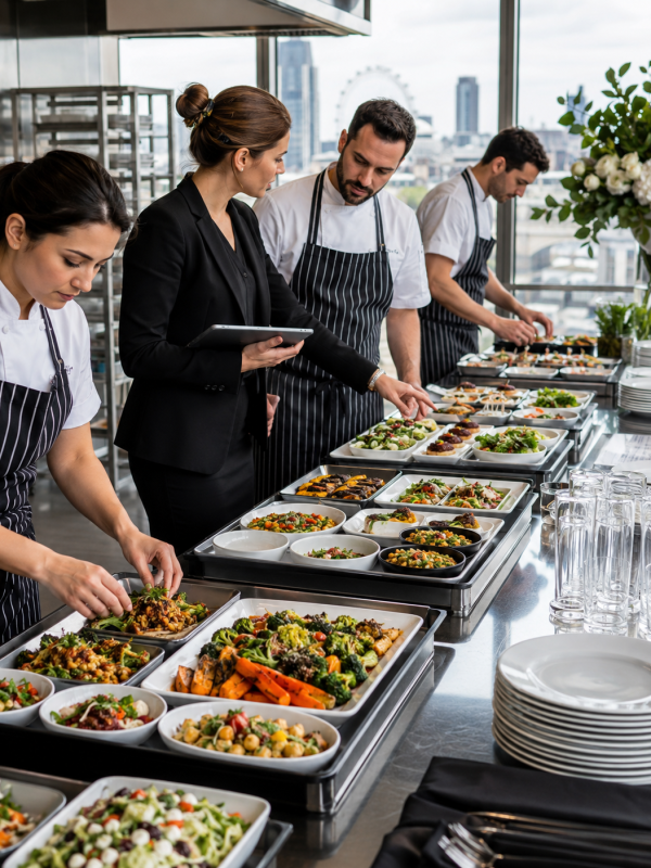 Catering team reviewing dietary meals and labelled special diet dishes for a London event