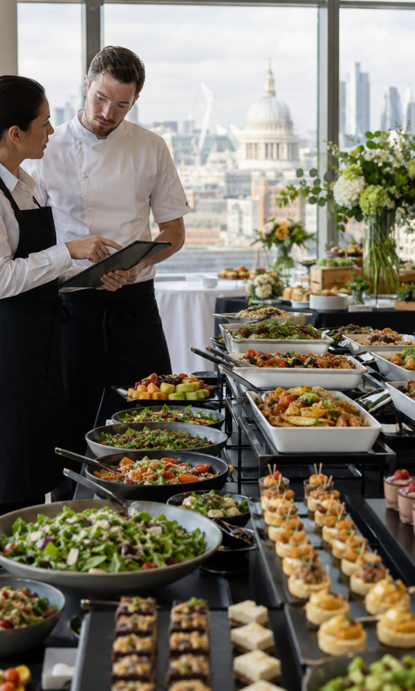 Catering staff reviewing diet-specific buffet dishes and guest requirements at a London event