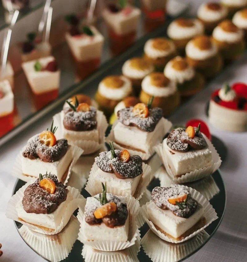Elegant coffee catering for events in London featuring gourmet petit fours with caviar and herb garnish on glass serving platters