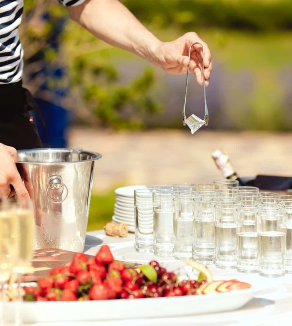 Catering service welcome bar with cold ice drinks and fruits