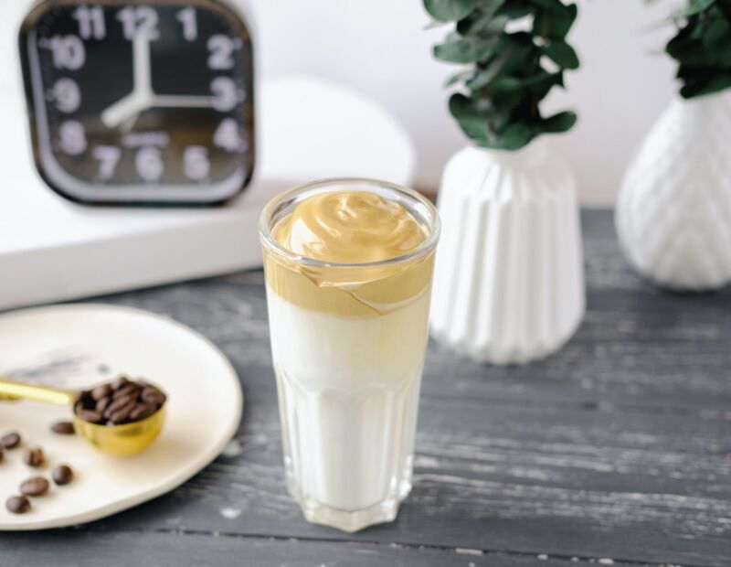 Iced frothy Dalgona Coffee, a trendy fluffy creamy whipped coffee.