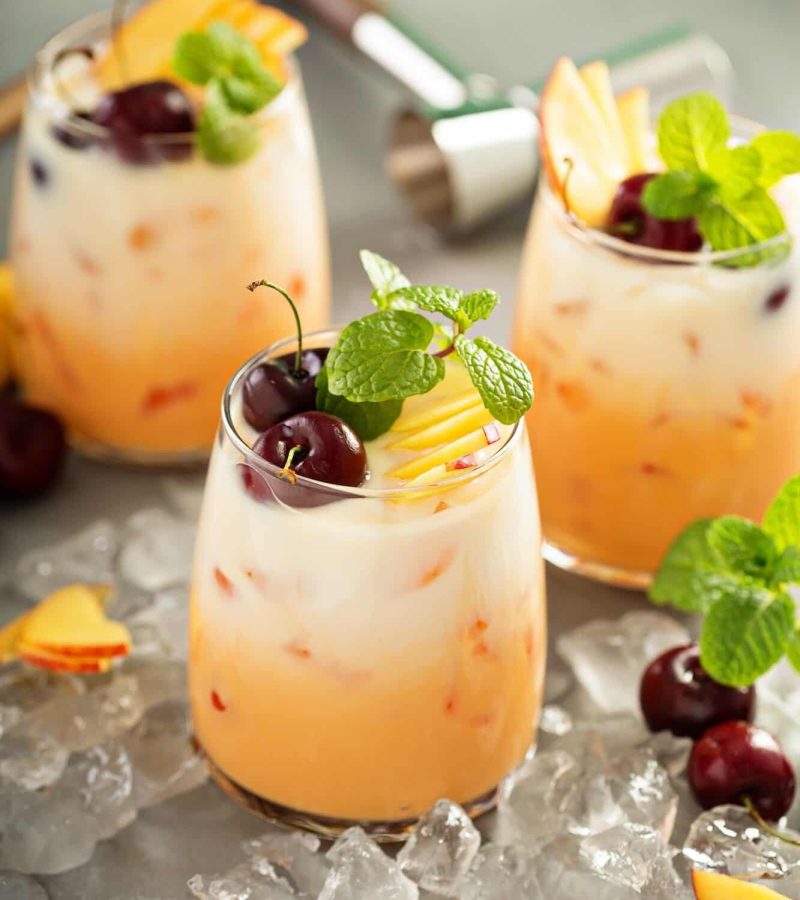Summer cherry and peach coconut milk cocktail
