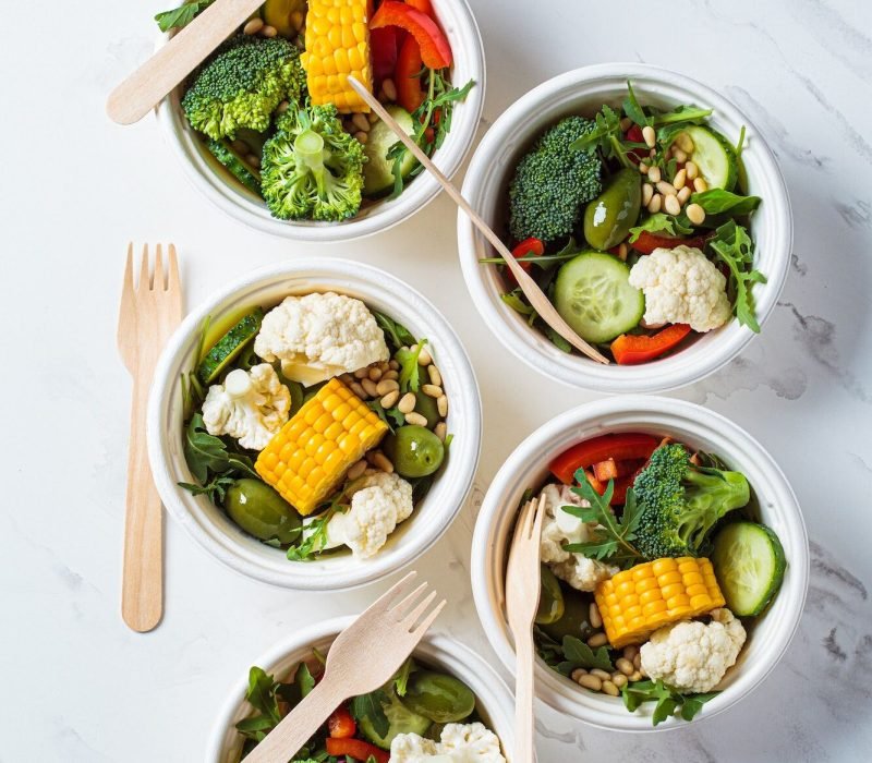 Vegan vegetable salad in paper take away bowls, Event Catering for Vegetarians in London