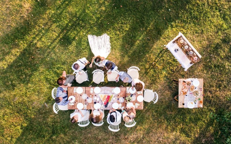 Wedding reception outside in the backyard.