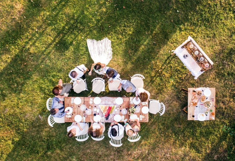 Wedding reception outside in the backyard.